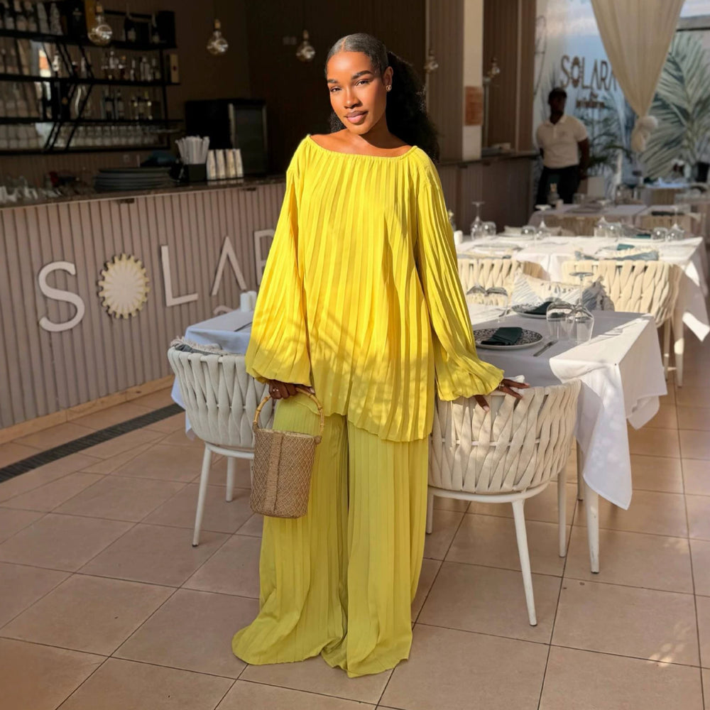 European and american cross-border women's fashion:  summer new collection - trendy lantern sleeve, effortless style, ruched top and wide-leg pants set