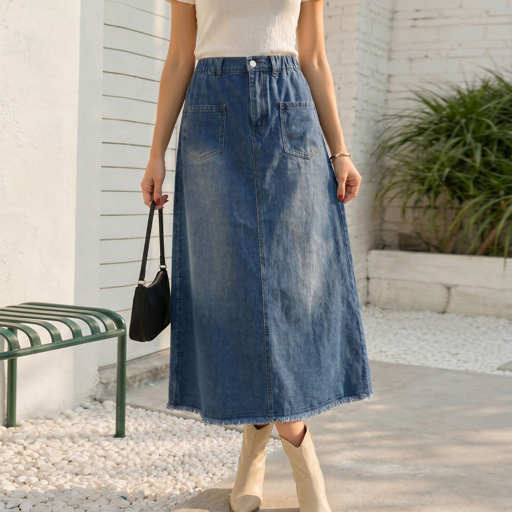 Fashion cross-border export  washed double flap pocket pants elastic waist raw edge hem slimming look street versatile skirt