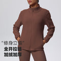 New women's solid color fleece-lined pocket stand collar zip-up casual sports jacket for running, fitness, and yoga