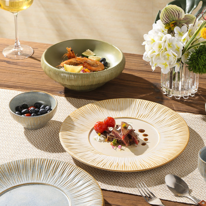 Retro kiln line pattern high-looking tableware restaurant hotel stylish display dessert plate steak plate for home dish plate