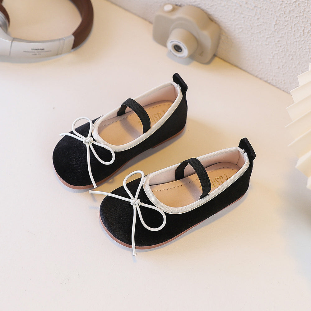 Ready-to-ship korean-style bow-tie princess leather shoes for kids, bean shoes, simple and stylish soft-soled flats for babies