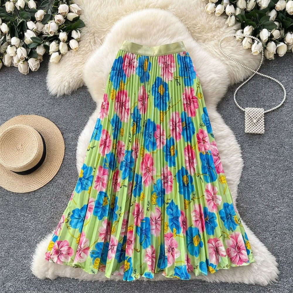 Vintage print pleated elastic waist fashion skirt - women's high-waisted a-line skirt - commute-friendly, flowy maxi skirt for summer