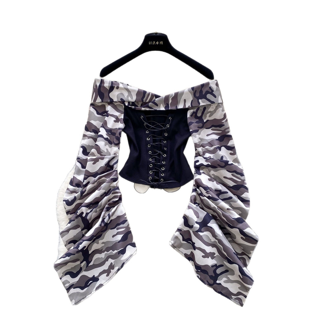 European and american women's clothing 2025 autumn new design: tie-waist, off-the-shoulder, ruched, long-sleeve, slim-fit top