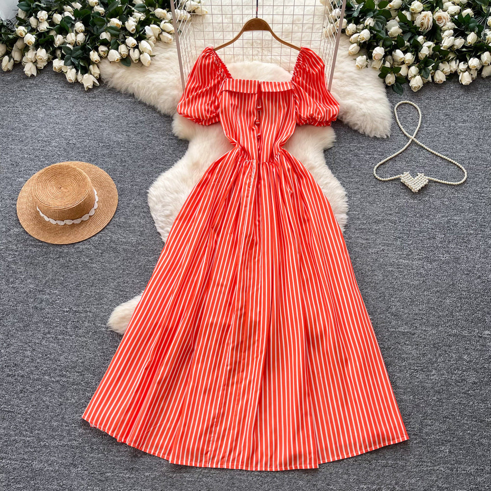 French square neck puff sleeve striped dress - women's summer korean style a-line midi dress for date night