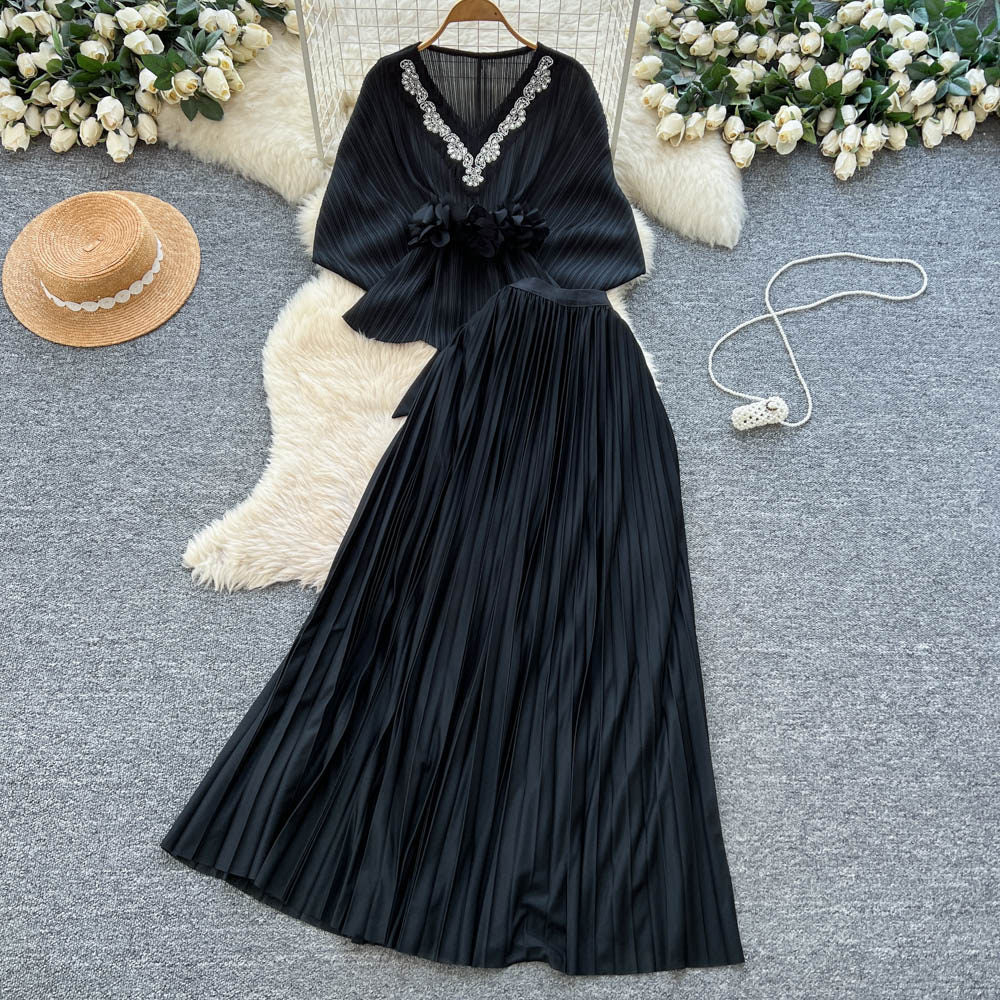 Noble socialite work clothing style red two-piece set female autum silmpleated skirt cloak waist suitelegance