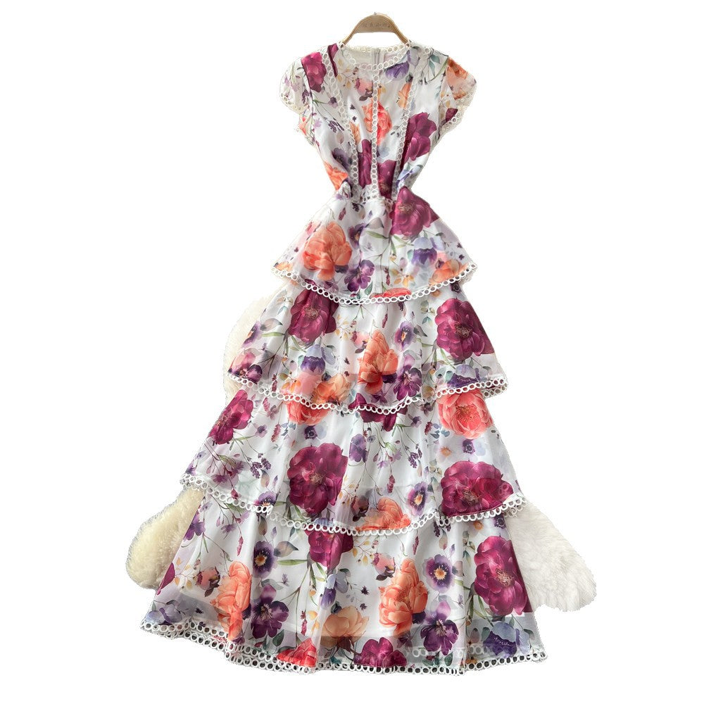 French retro print sleeveless cake dress - women's summer high-waisted ruffle hem a-line maxi dress - vacation style