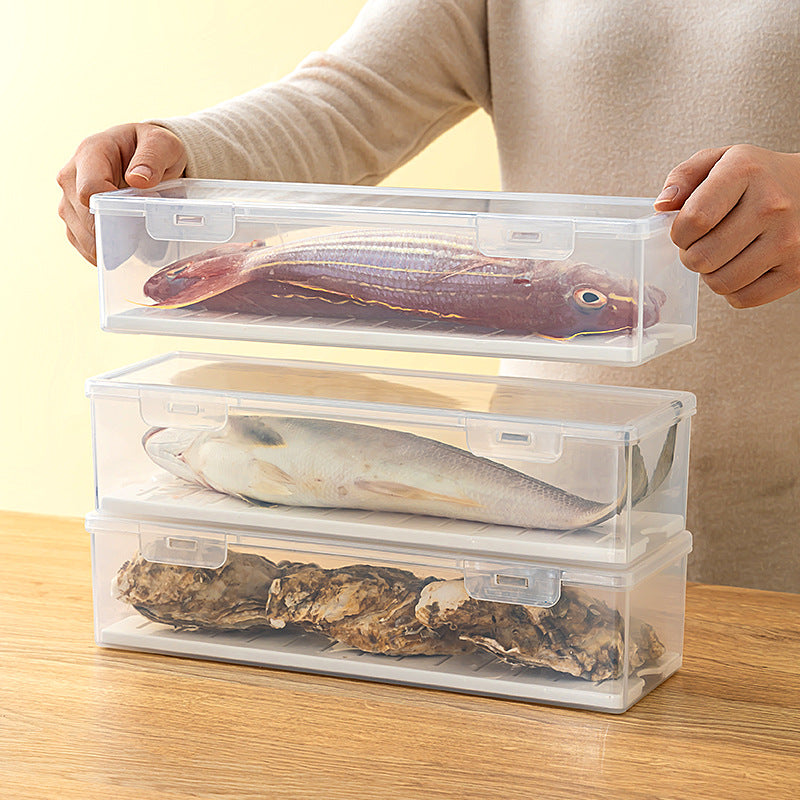 Kitchen refrigerator storage box with lid, anti-odor seafood drain sealed fresh-keeping box, food grade frozen storage box