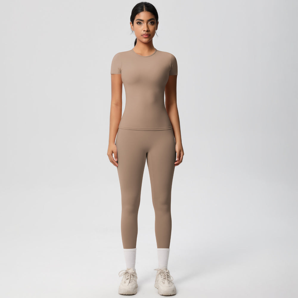 European and american nude feel compression quick-dry short sleeve yoga set - high waist, butt-lifting, outdoor training, running, and fitness activewear