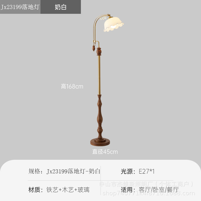 French retro solid wood curved pole floor lamp with pleated lace and soft light – perfect for b&b rooms, studies, and bay windows – wholesale direct from the manufacturer