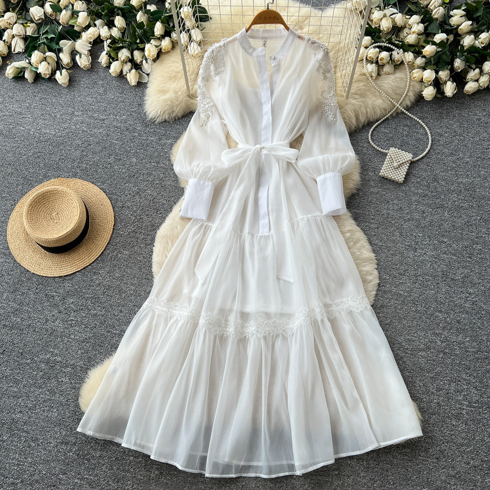 French chic lantern sleeve embroidered dress - spring beaded waist tie a-line maxi dress - elegant & professional