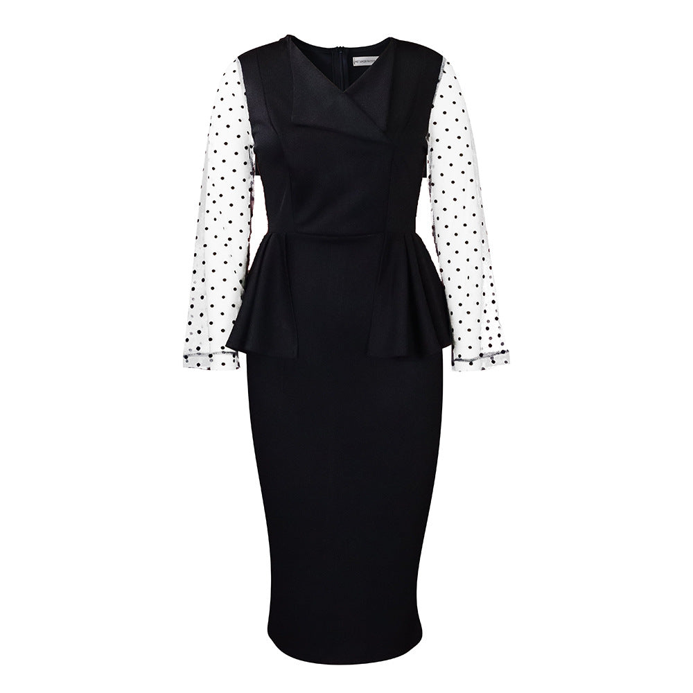 D283 cross-border supply  new temperament commuter mesh splicing v-neck ruffle pencil skirt european and american dress