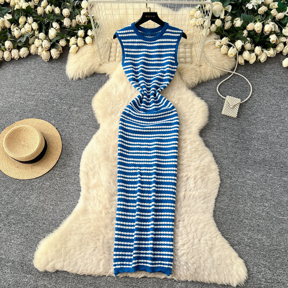 Korean style striped v-neck sleeveless knit dress - women's  summer new arrival - slim fit, waist-defining, slimming, commute-ready maxi dress