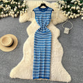 Korean style striped v-neck sleeveless knit dress - women's  summer new arrival - slim fit, waist-defining, slimming, commute-ready maxi dress