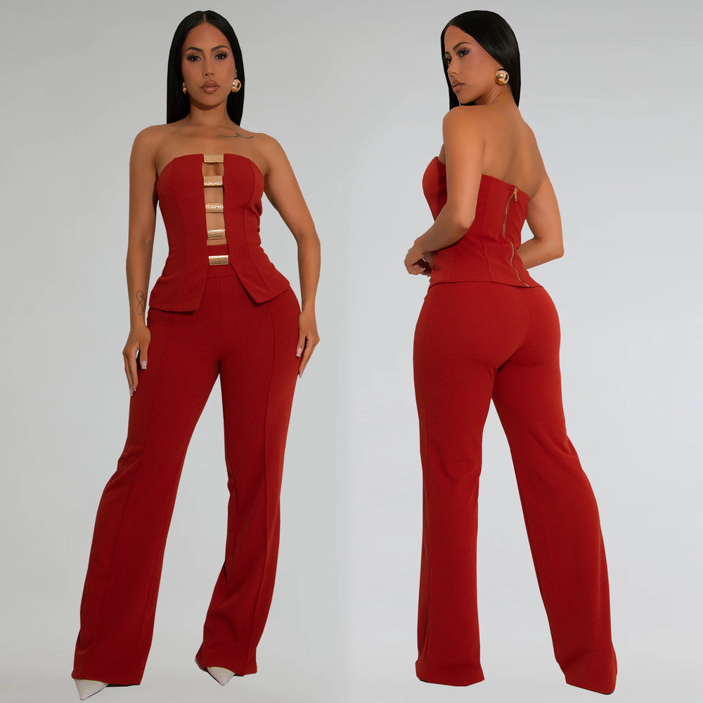 C7367 cross-border   fashion women's sexy bandeau gold buckle wrap-around arm pants two-piece set