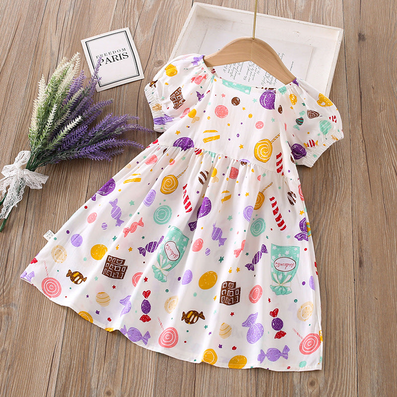 【matching family outfits】girls' cotton silk floral dress - princess style, stylish print, and puff sleeve skirt