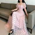 european and american cross-border new arrival: ruffle trim, color block, cinched waist, heart print dress - women's slimming, elegant maxi dress