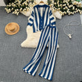 Women's summer v-neck loose knit cardigan top + wide leg pants set - color block striped cutout outfit