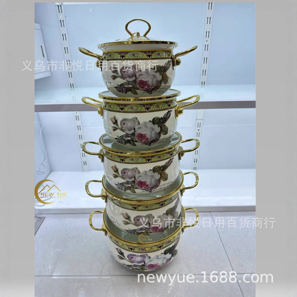 Export cross-mirror factory direct sales enamel high-end five-piece pot set boutique soup pot enamel pot double-ear soup pot