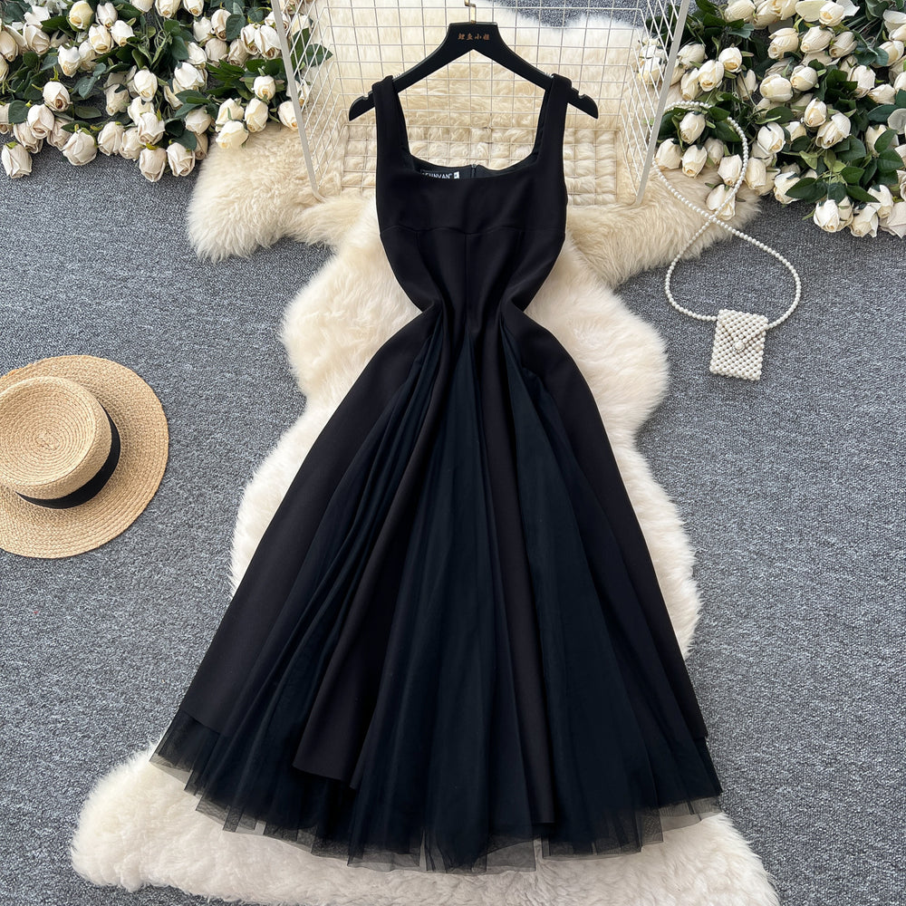 French hepburn style dress women's  summer high-end square neck camisole spliced mesh puffy gown maxi dress