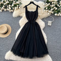 French hepburn style dress women's  summer high-end square neck camisole spliced mesh puffy gown maxi dress