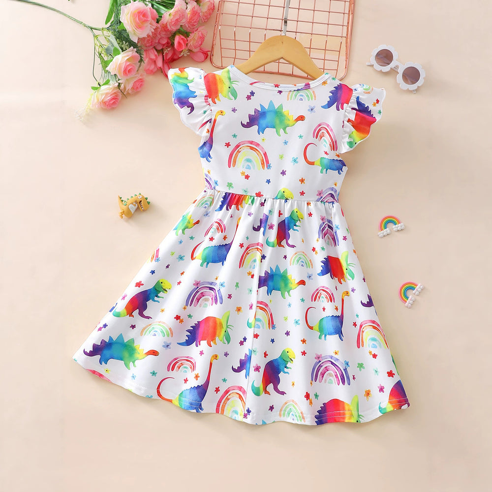 Festive kids' flutter sleeve dinosaur heart print dress