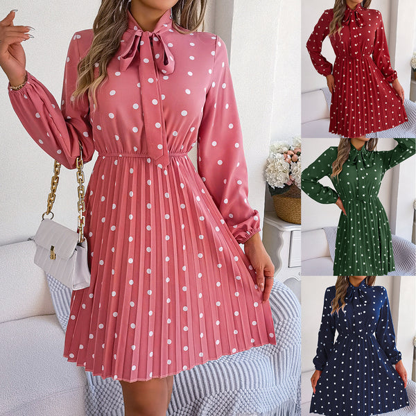 Real shot 2025 European and American autumn and winter temperament polka dot lace-up waist long-sleeved pleated skirt,   women's clothing