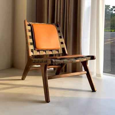 Retro solid wood casual chair genuine leather saddle leather single chair accessible luxury woven sofa chair home b&b canvas single chair