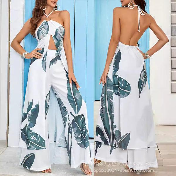 LZR16309 printed sexy long neck top set casual straight pants set is not positioned