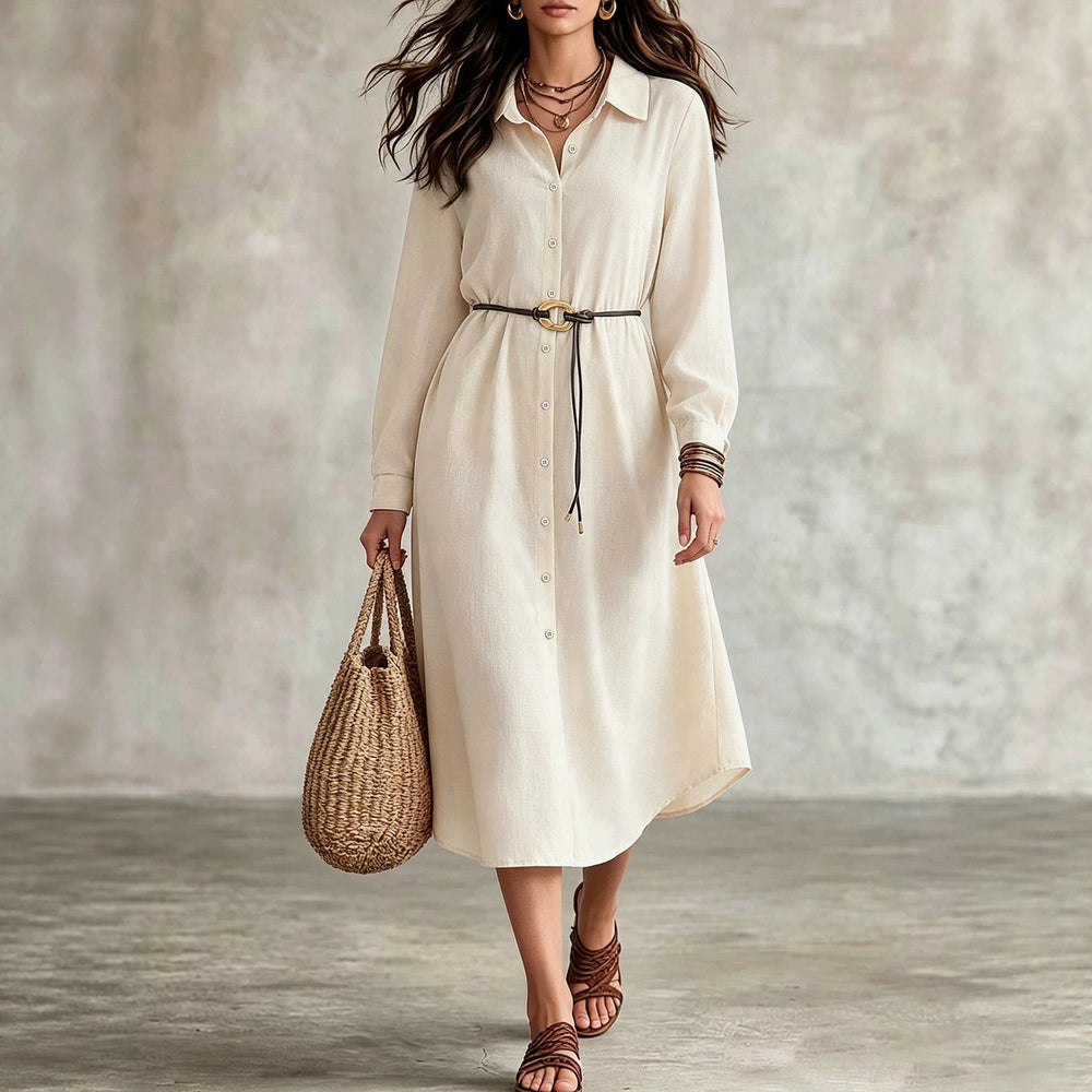Plus size white shirt dress for work or vacation: long sleeve, tie-waist, slimming, and flattering - perfect for curvy women