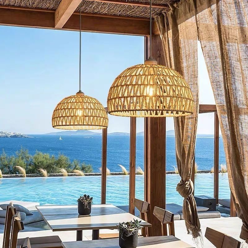 Japanese style log restaurant chandelier cream style dining table bar lamp rattan retrob&b bedroom balcony long line lamp