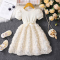 Girls' dress for toddlers and young children, pearl-embellished short-sleeve rose dress