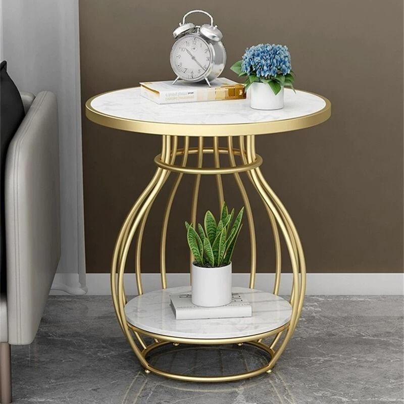 Rock slab small coffee table for home small apartment side table living room balcony round tea table double-layer storage beauty salon small table