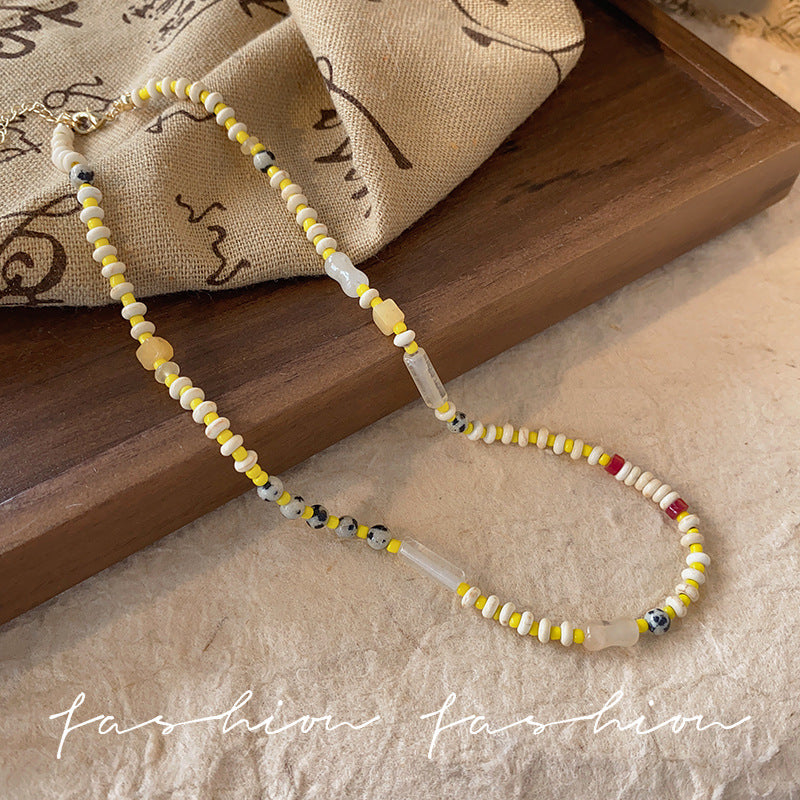 Dopamine colorful beaded necklace for women - summer fresh yellow, white, and beige seed bead smiley face choker - sweet & cool girly clavicle chain