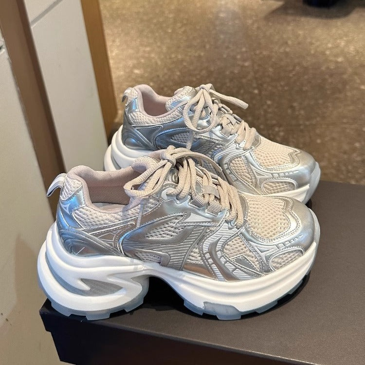 Thick sole silver dad shoes women's 2025 spring and summer new breathable heightened internet celebrity street ins trendy casual sports shoes