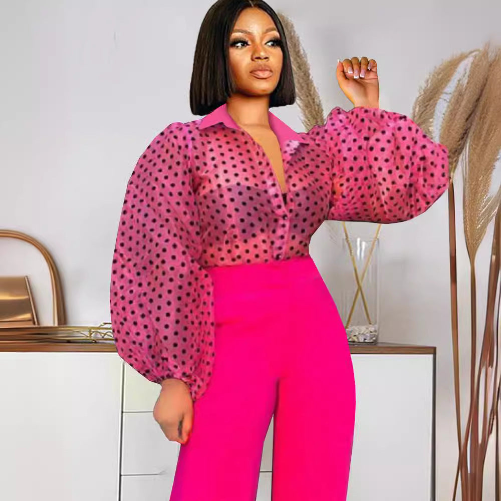 Summer new black v-neck organza polka dot puff sleeve long sleeve sexy see-through blouse versatile top women's clothing