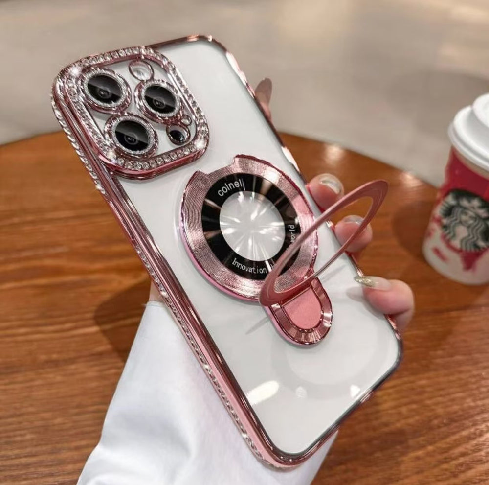 Suitable for apple 16promax electroplated glitter luxury rhinestone high-end mobile phone case iphone17 magnetic holder