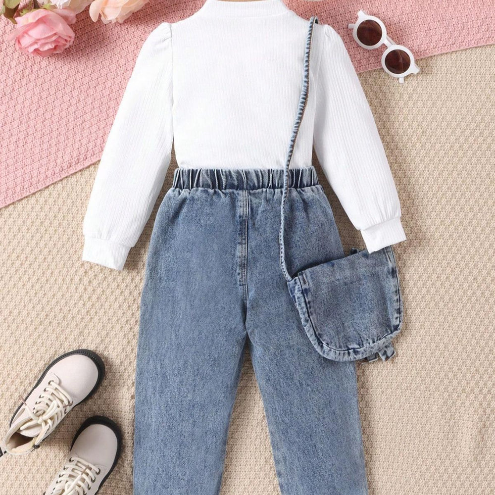 Girls'  autumn/winter new arrival:  bestselling long-sleeve outfit - denim pants + adorable fashion denim bag