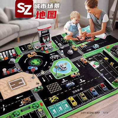 Kids' alloy pull-back car traffic map playset with crawling mat, parking garage, and inertia toys for boys