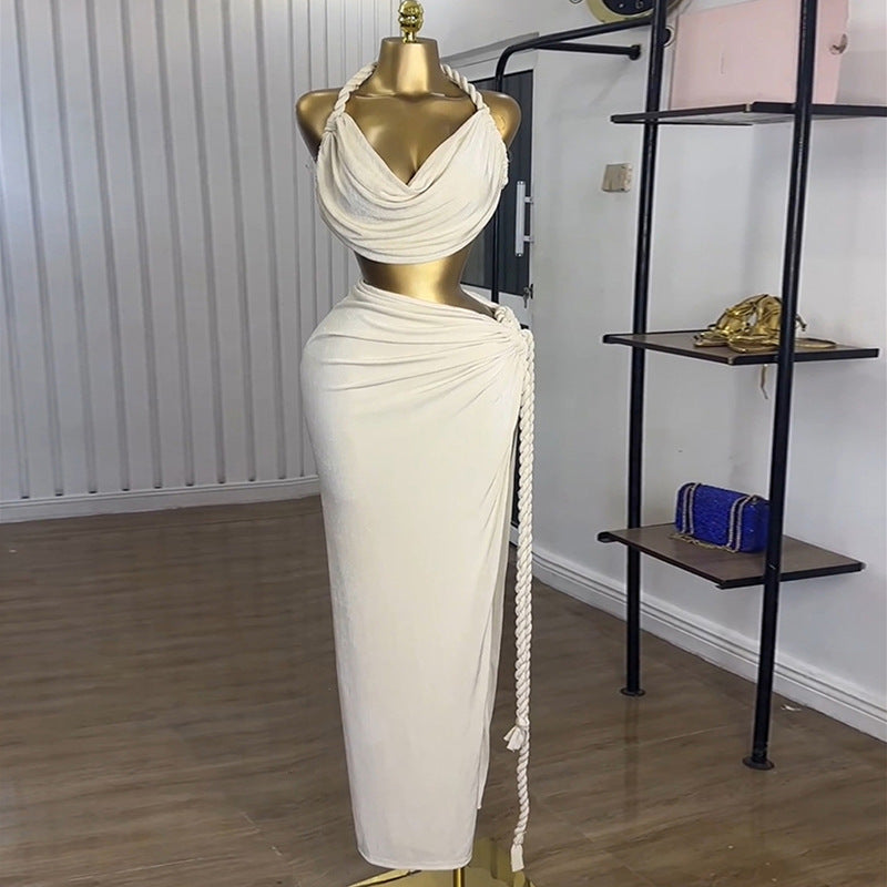 European and american cross-border women's fashion:  autumn new collection - vacation-ready, elegant twist knot top & slim-fit midi skirt fashion set