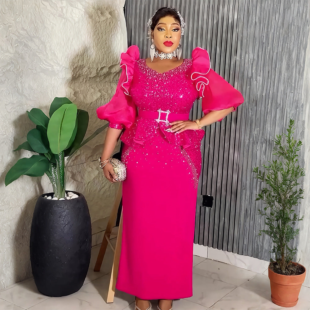 African plus size women's fashion bubble sleeve dress - european and american style party evening beaded sequin high waist gown