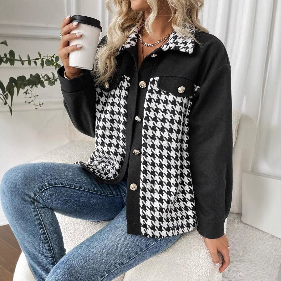 European and american cross-border e-commerce  autumn fashionable and elegant versatile color block lapel women's jacket