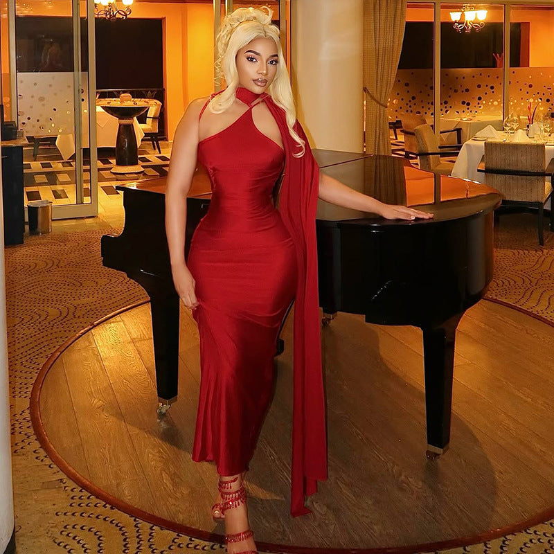 European and american style cross-border slimming women's solid color prom/party bodycon dress with cinched waist and tie detail