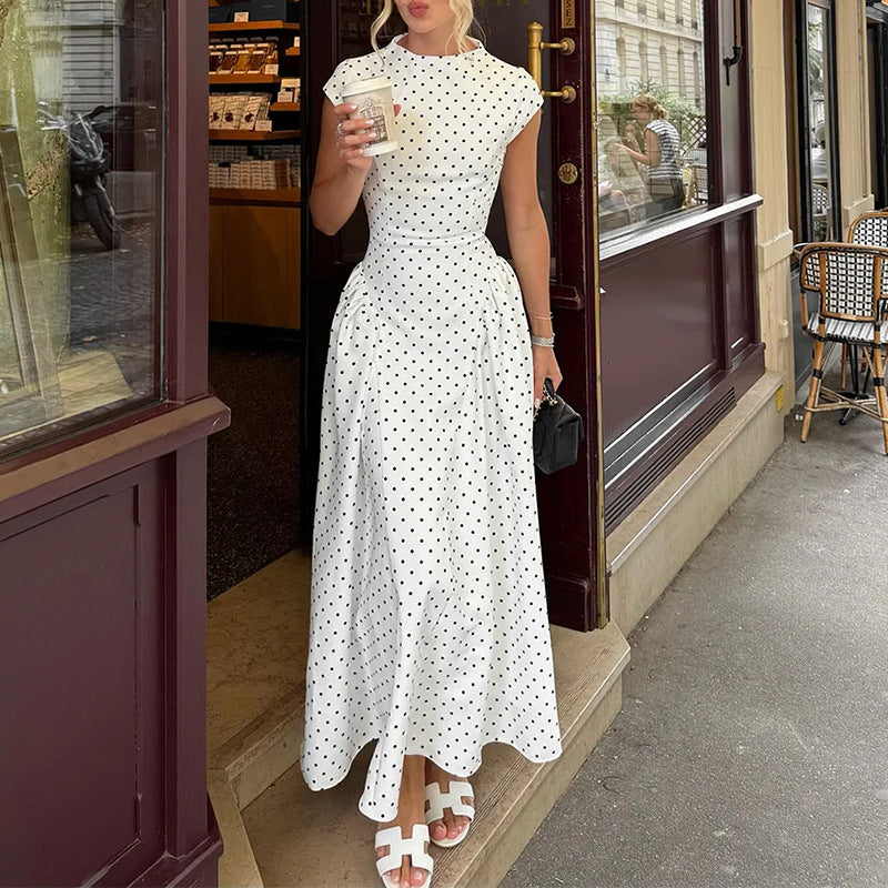 cross-border e-commerce european and american women's clothing: new summer collection - french polka dot round neck, slim-fit, a-line maxi dress