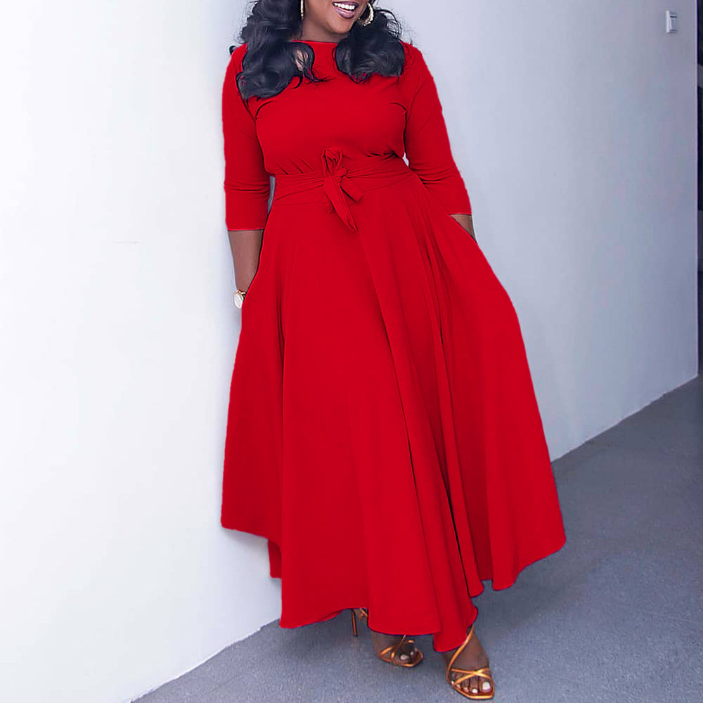 Q099 cross-border women's fashion:  autumn/winter new collection - elegant tie-waist african-style plus size midi dress for export