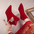 2024 autumn new fashion wine red chinese style wedding shoes high heels comfortable wedding boots bridal martin boots