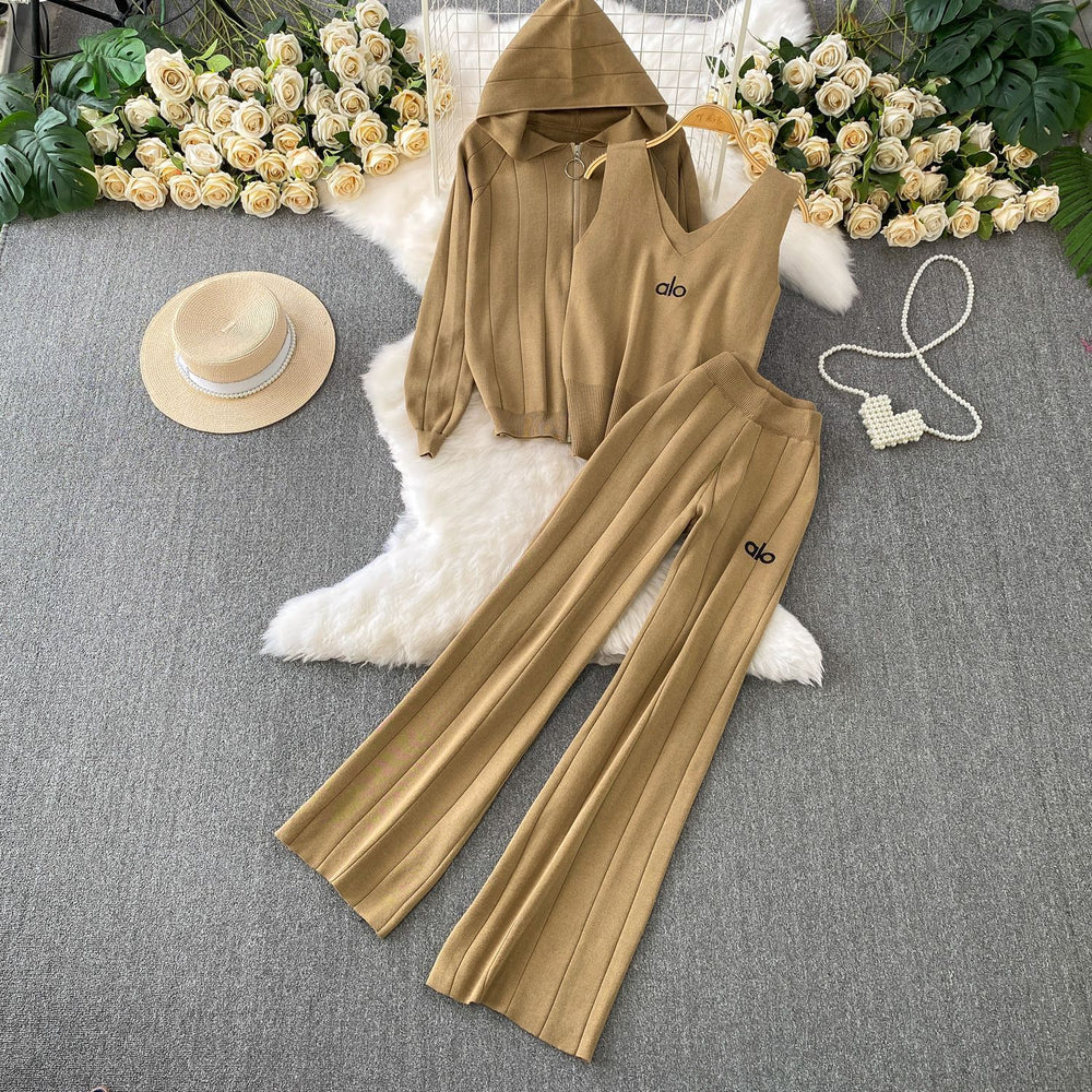 Trendy women's winter three-piece set: casual zip-up hooded knit jacket + embroidered tank top + high-waisted pleated wide-leg pants