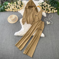 Trendy women's winter three-piece set: casual zip-up hooded knit jacket + embroidered tank top + high-waisted pleated wide-leg pants