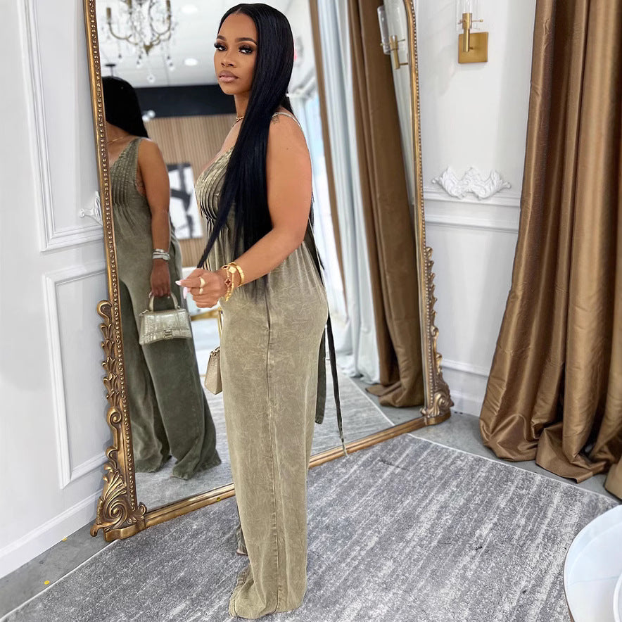 European and american style women's denim jumpsuit - new solid color backless sleeveless loose romper for  cross-border e-commerce