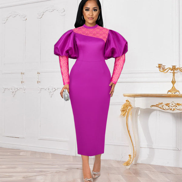 waist thin mesh splicing dress, early autumn new lantern sleeve hip dress maxi dress