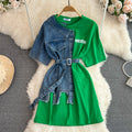 Retro hong kong style elegant waist with belt round neck color matching denim shirt spring new arrivalchiccasual medium length tops